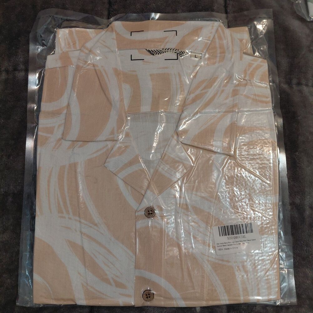 NWT Alex Vando Mens Linen Cotton Short Sleeve Hawaiian Shirt Khaki Wave Large